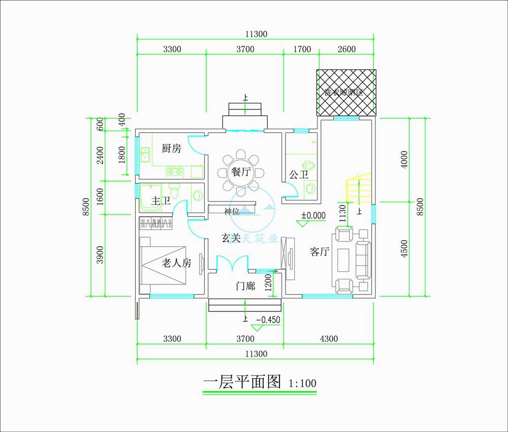 现代商务简约风三层自建别墅一层原创设计图纸