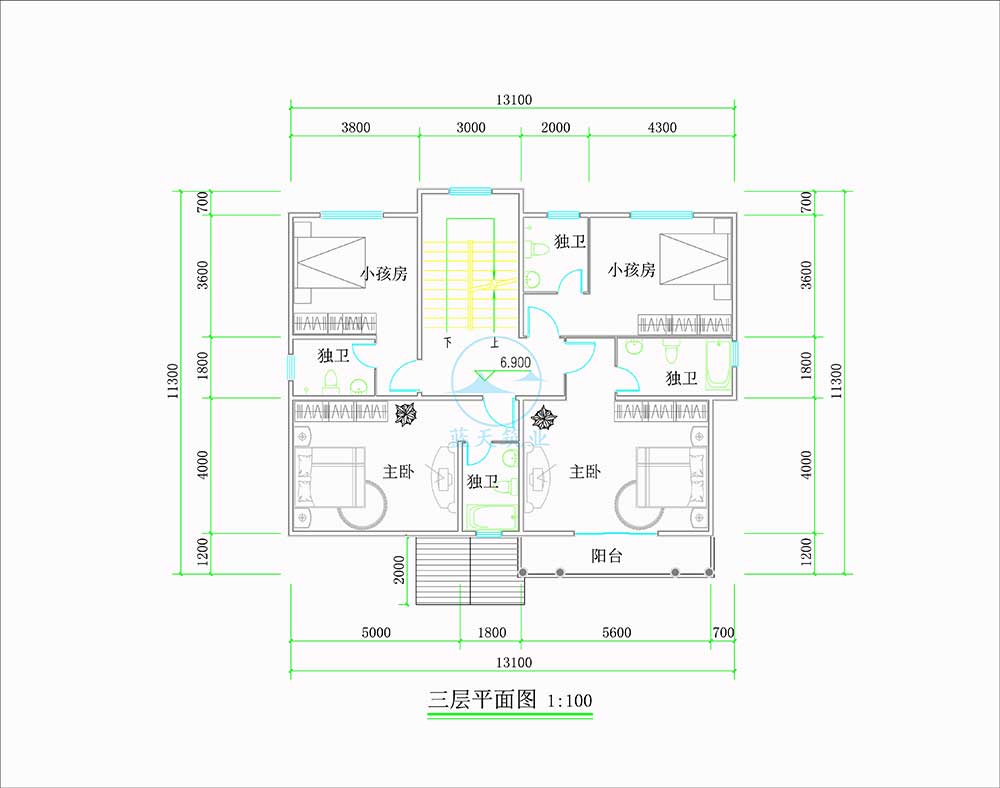 现代四层中式自建别墅三层原创设计图纸