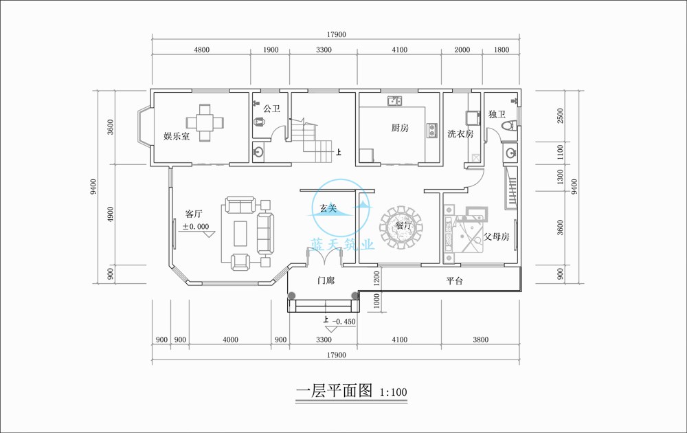 欧式三层自建别墅一层原创设计图纸